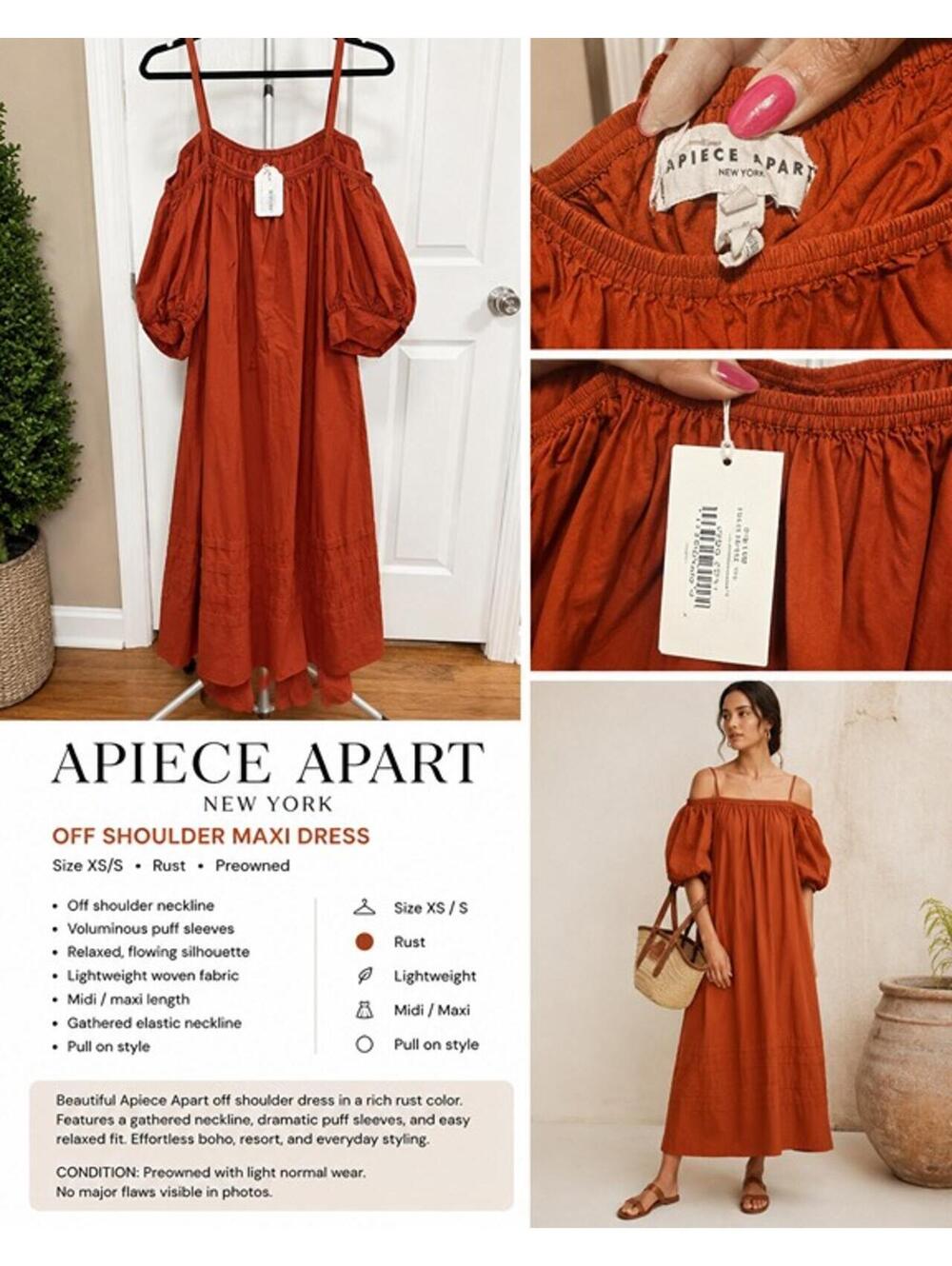 Apiece Apart Rust Orange Off Shoulder Maxi Dress Boho Midi